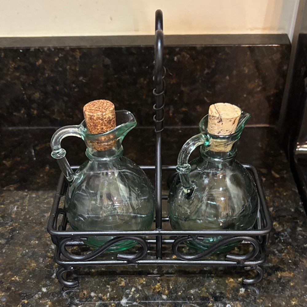 Glass Oil and Vinegar Cruet Set with Metal Holder